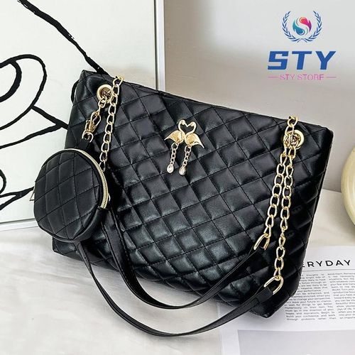 Ladies Black Handbag Coin Bag Set Swan Metal Decoration Bag Small & Medium-sized Tote Bags 1 IMG 0312
